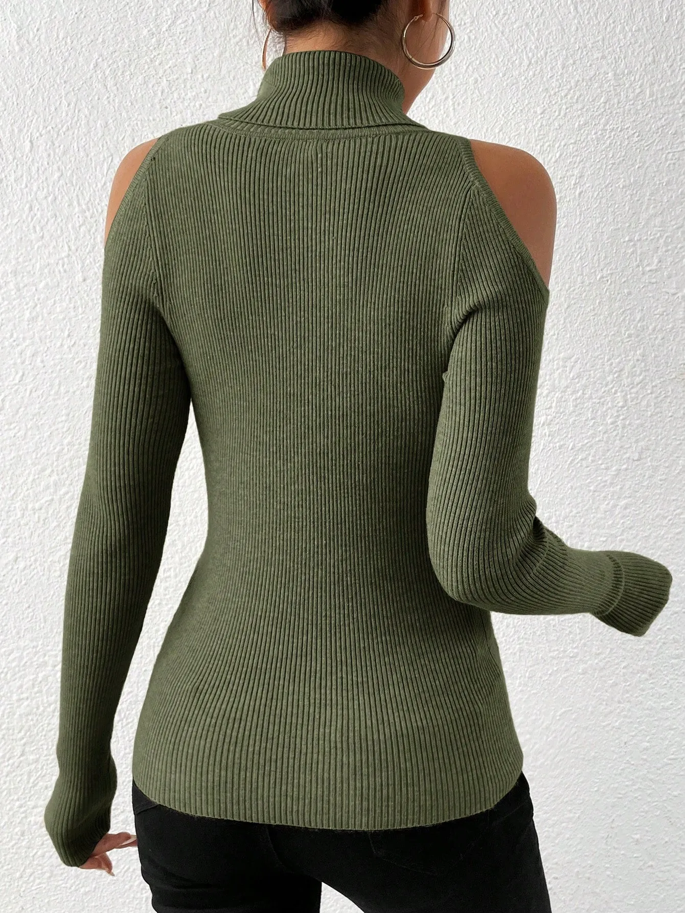 Turtleneck Cold Shoulder Ribbed Knit Sweater