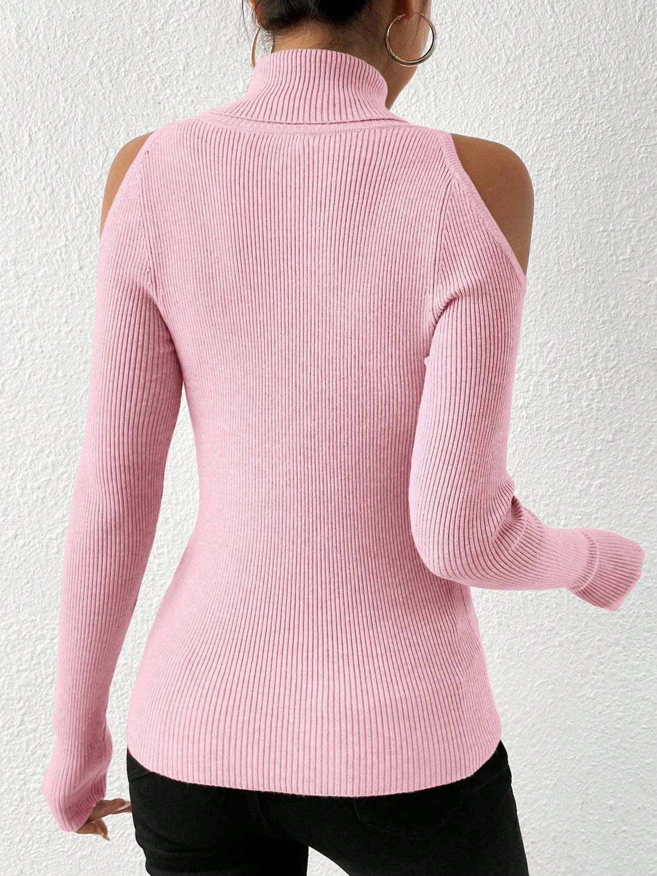 Turtleneck Cold Shoulder Ribbed Knit Sweater