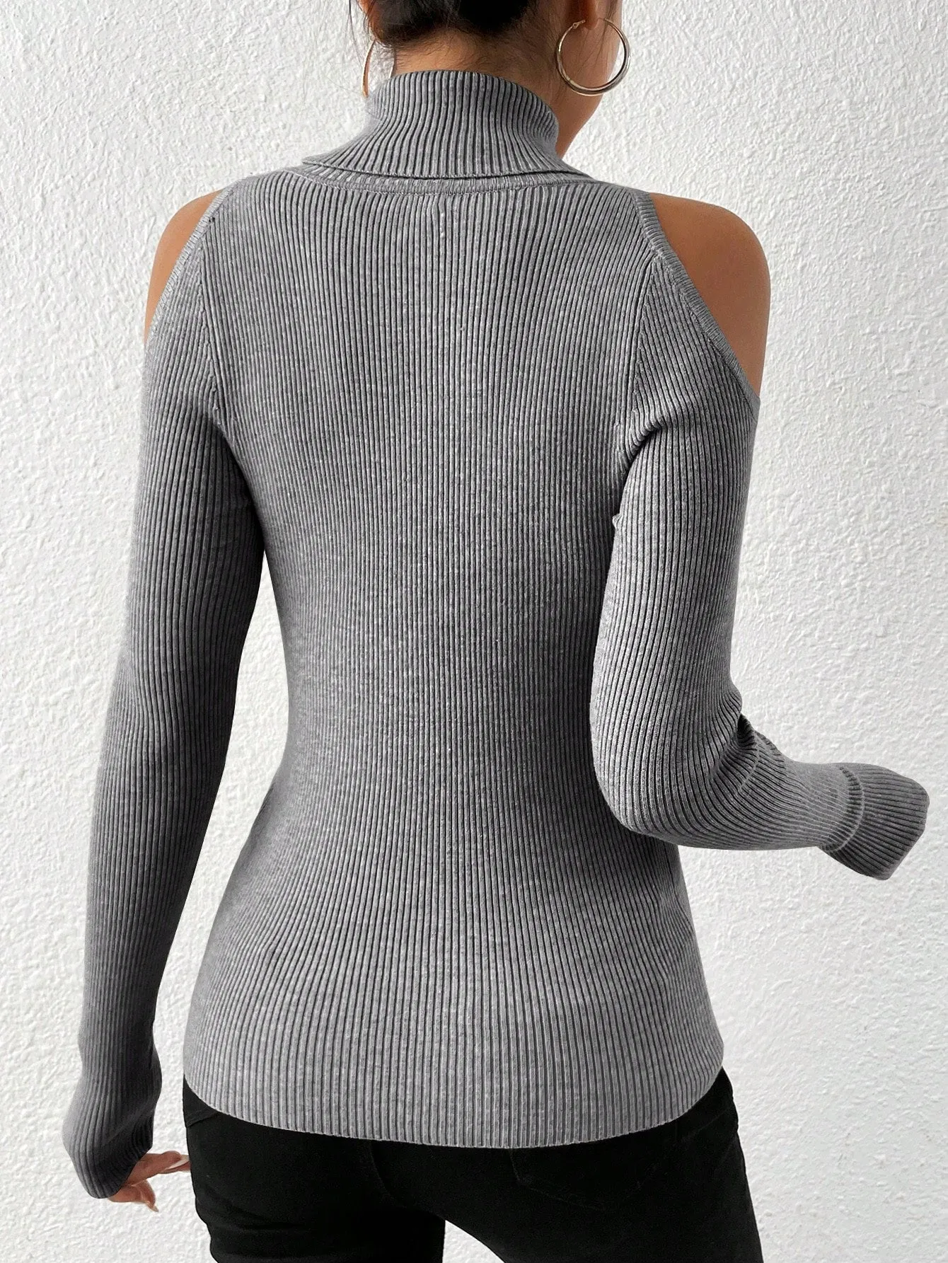 Turtleneck Cold Shoulder Ribbed Knit Sweater