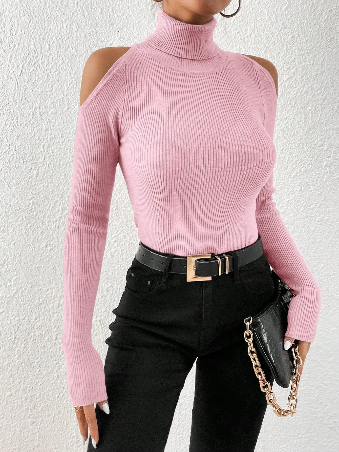 Turtleneck Cold Shoulder Ribbed Knit Sweater