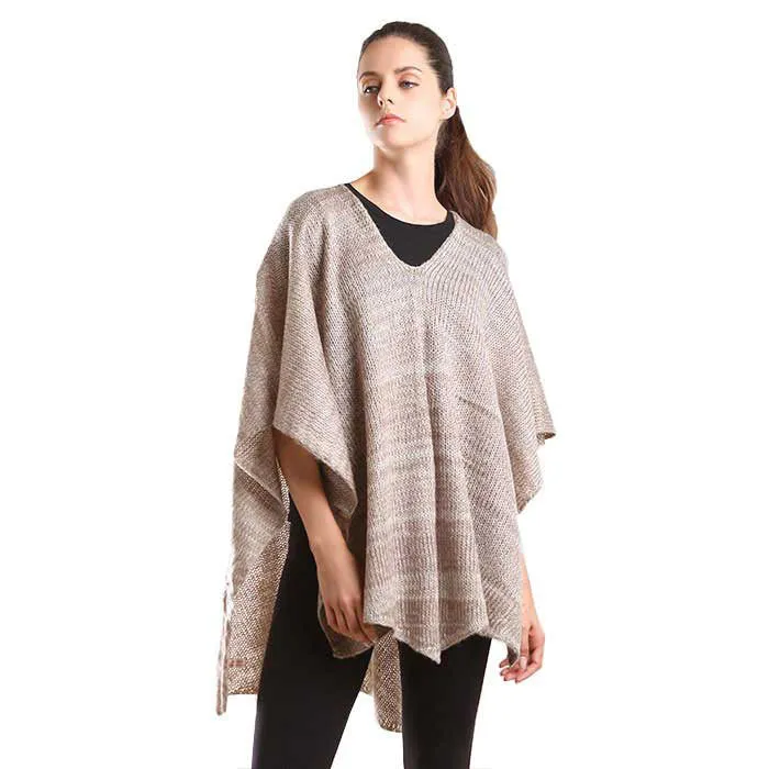 Two Tone Knit V Neck Poncho Ruana Shawl