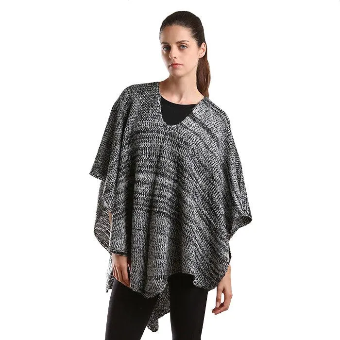 Two Tone Knit V Neck Poncho Ruana Shawl