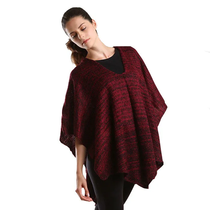 Two Tone Knit V Neck Poncho Ruana Shawl