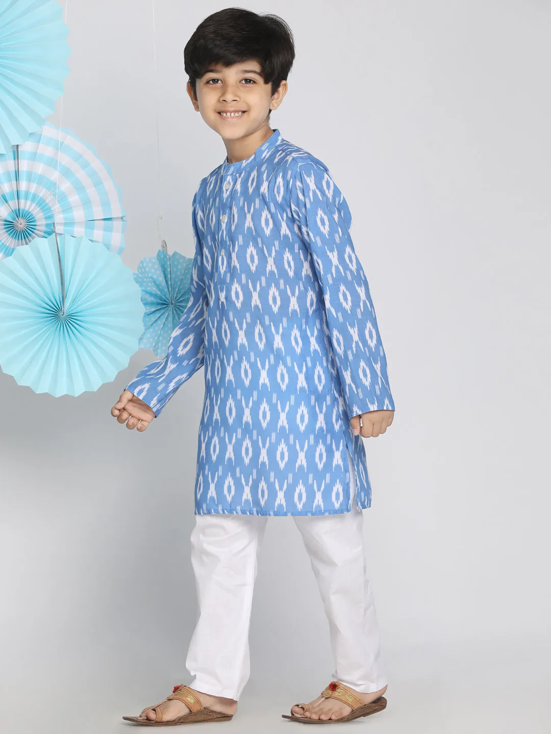 Vastramay Aqua Blue Traditional Ikkat Print Siblings Set