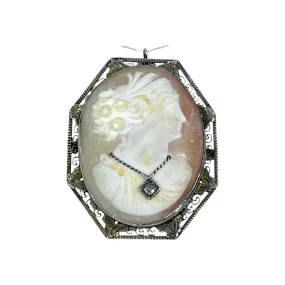 Victorian Cameo Pendant or Brooch with Large Carved Carnelian Shell Lady with Diamond Necklace.