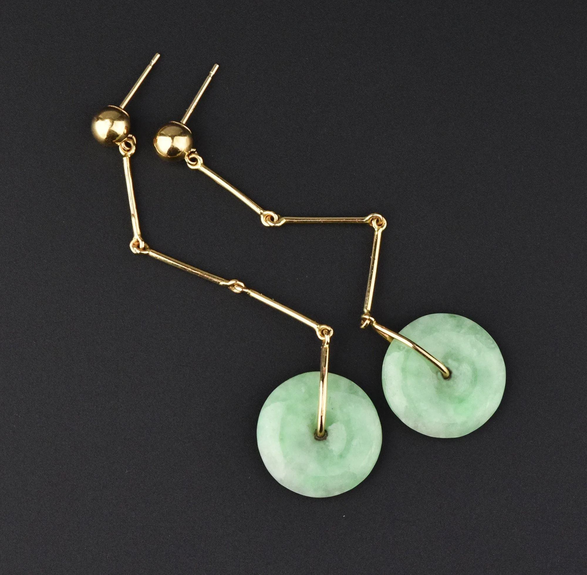 VIntage 14K Jade Disc Long Dangle Earrings, 2 1/3 in.