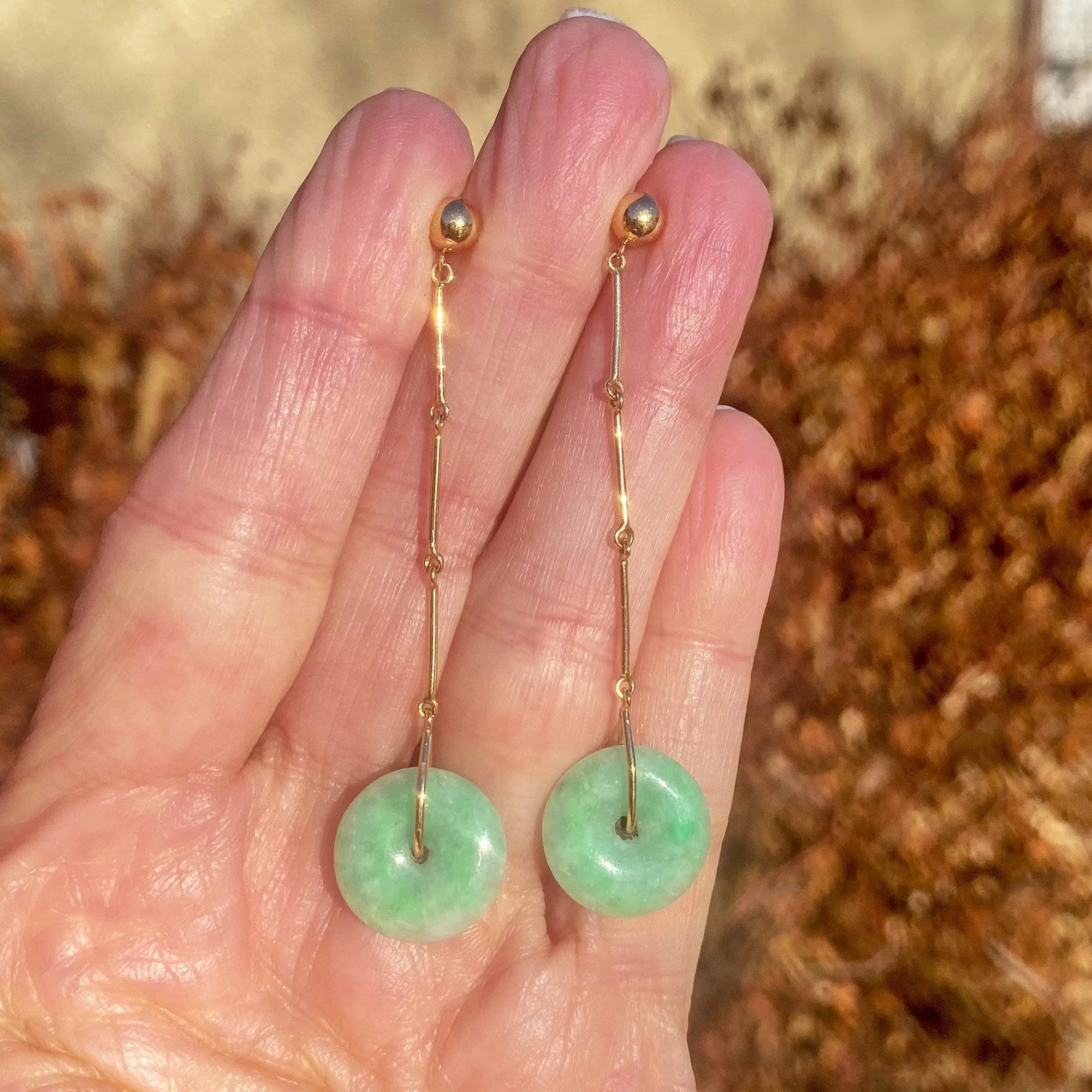 VIntage 14K Jade Disc Long Dangle Earrings, 2 1/3 in.