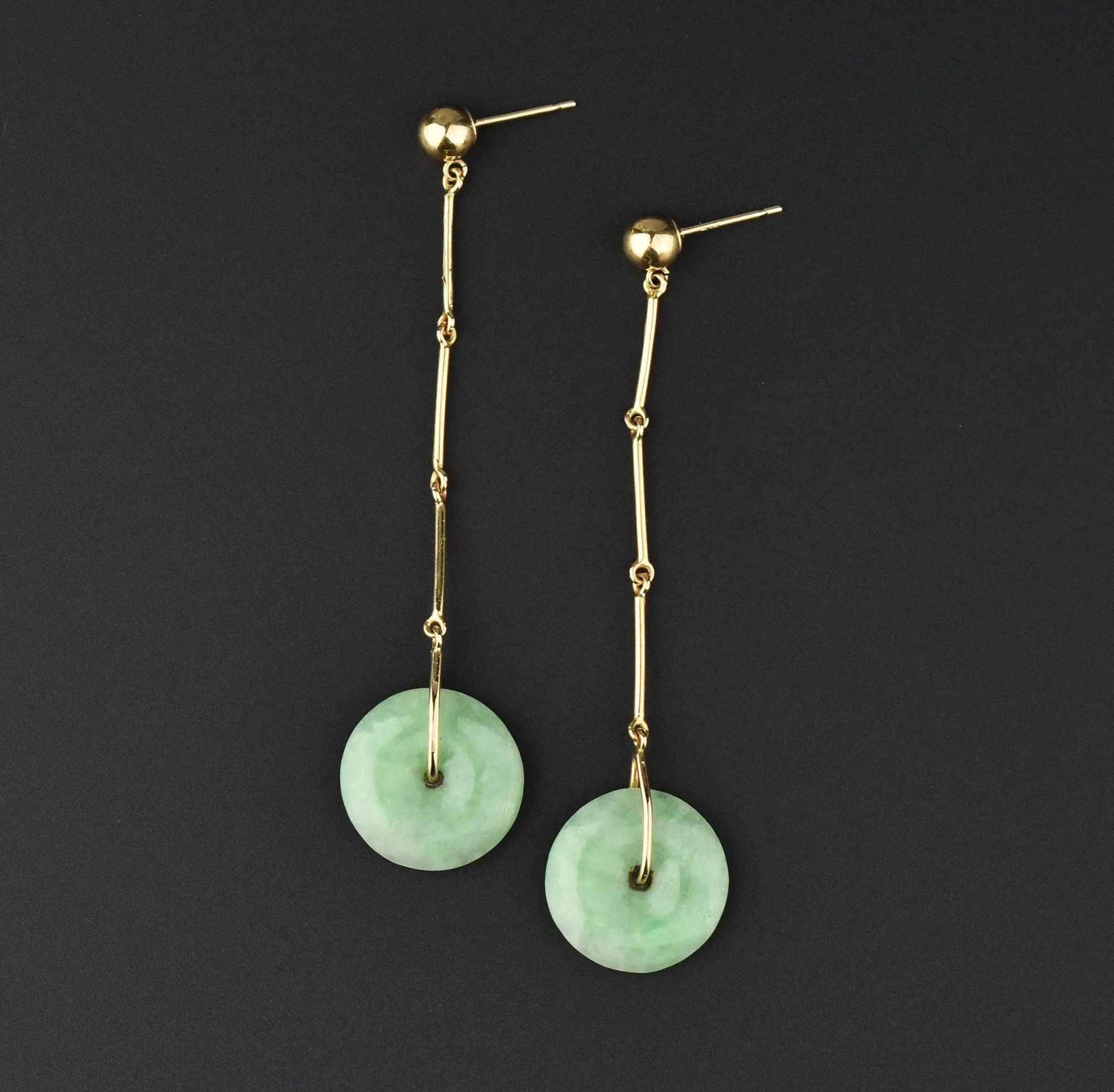 VIntage 14K Jade Disc Long Dangle Earrings, 2 1/3 in.