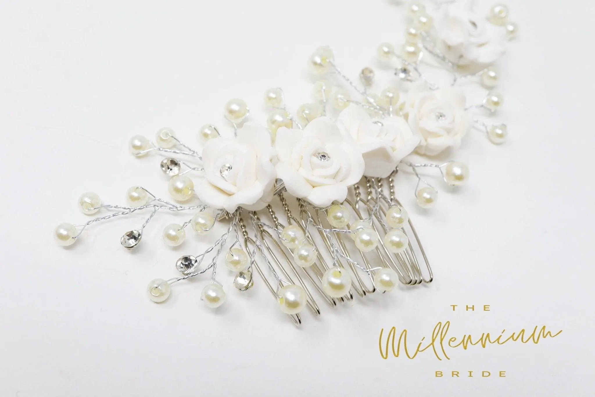 White Ceramic Flowers Crystal & Pearl Hair Comb, Bun Comb, Bridal Hair piece, Bridal Hair Accessories, Wedding Hair Accessory.