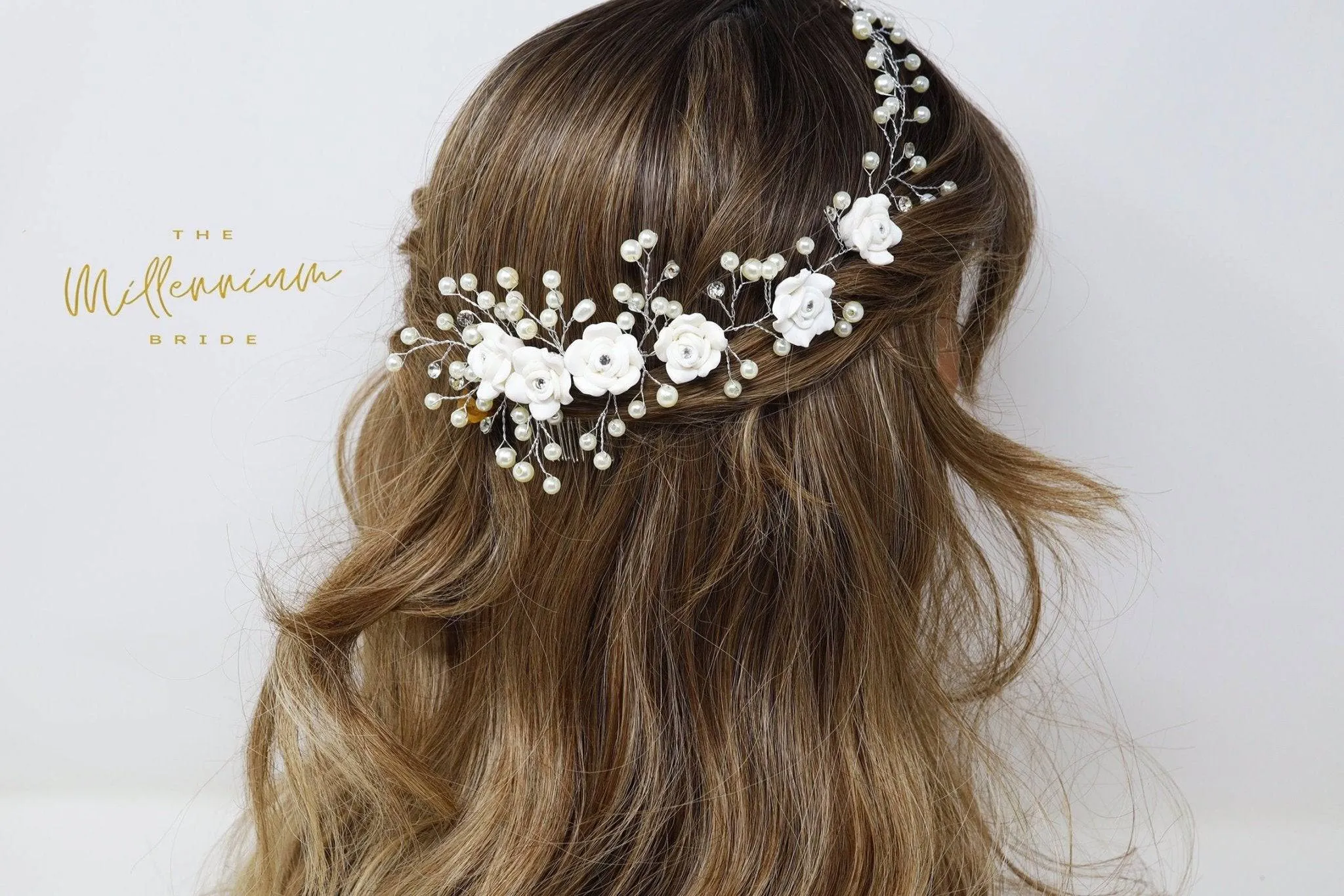 White Ceramic Flowers Crystal & Pearl Hair Comb, Bun Comb, Bridal Hair piece, Bridal Hair Accessories, Wedding Hair Accessory.