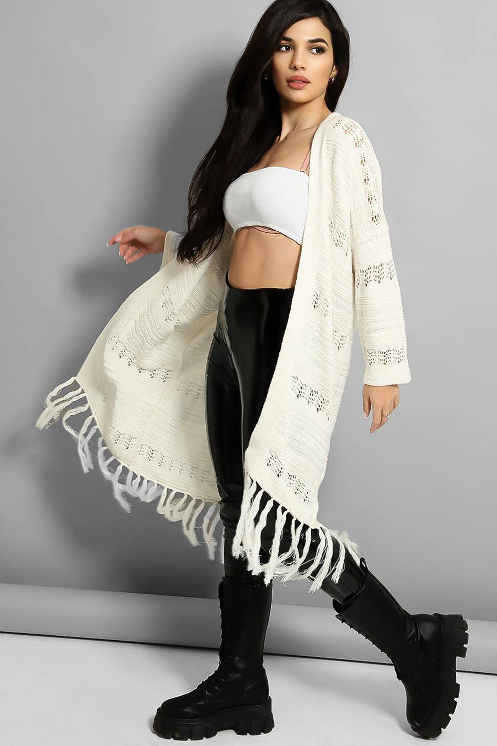 White Crochet Knit Fringe Hem Cardigan