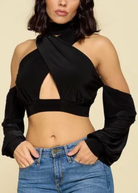 WinWin Wrap Turtle Neck Cold Shoulder Crop Top (Black) WT11793