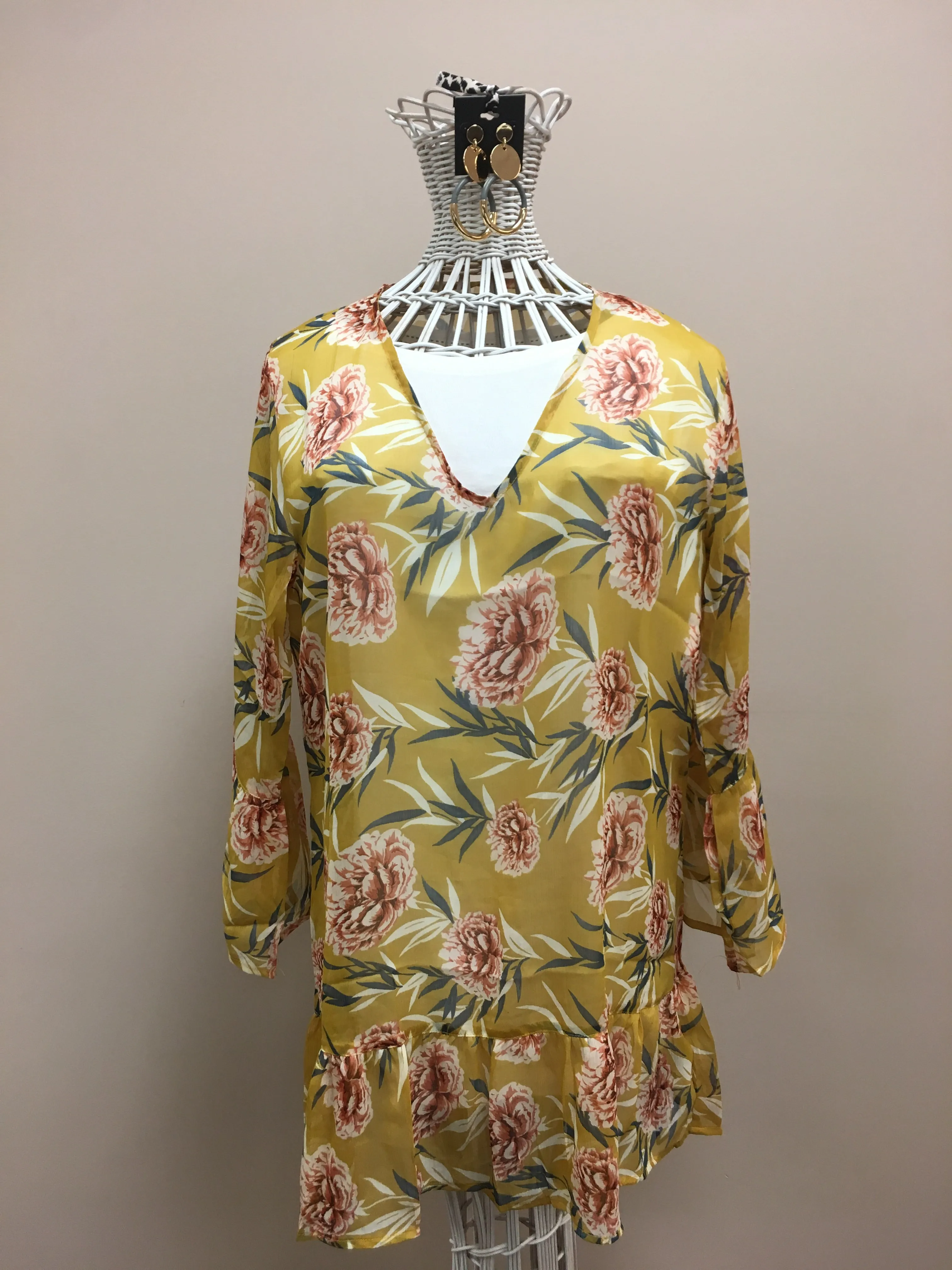 Yellow Tunic with Pink Peony Print