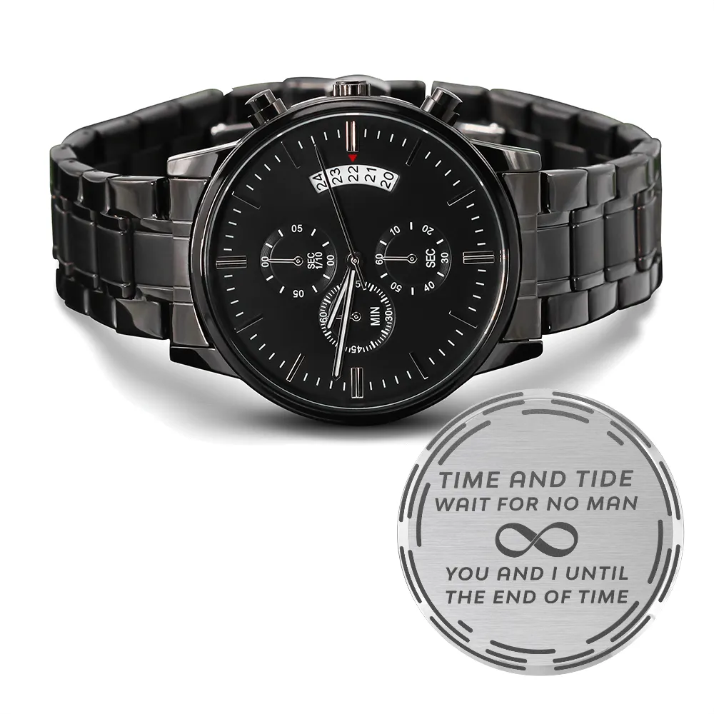 You and I Until the End of Time Infinity Love Engraved Design Black Chronograph Watch For Men