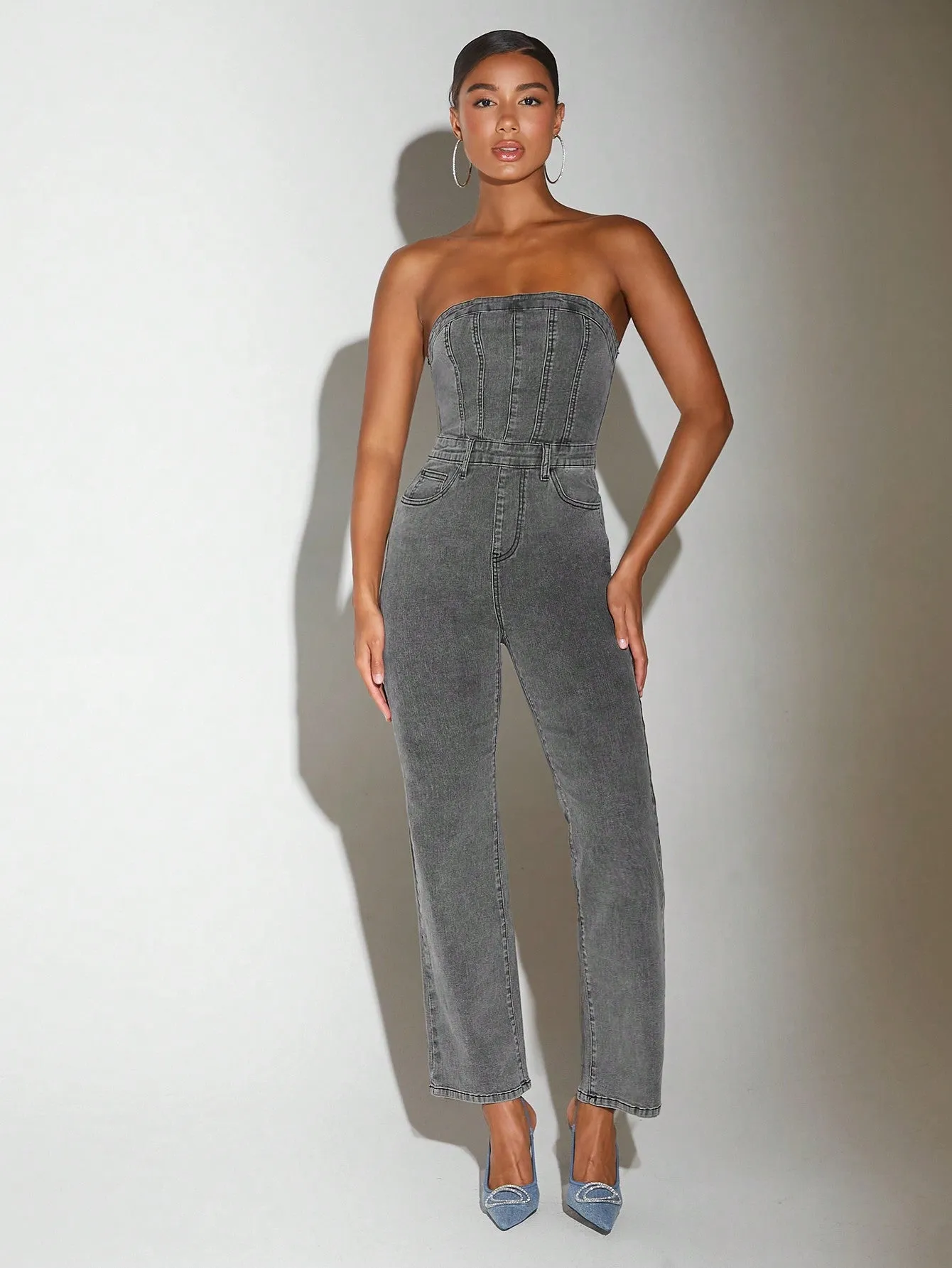 Zip Back Tube Denim Jumpsuit