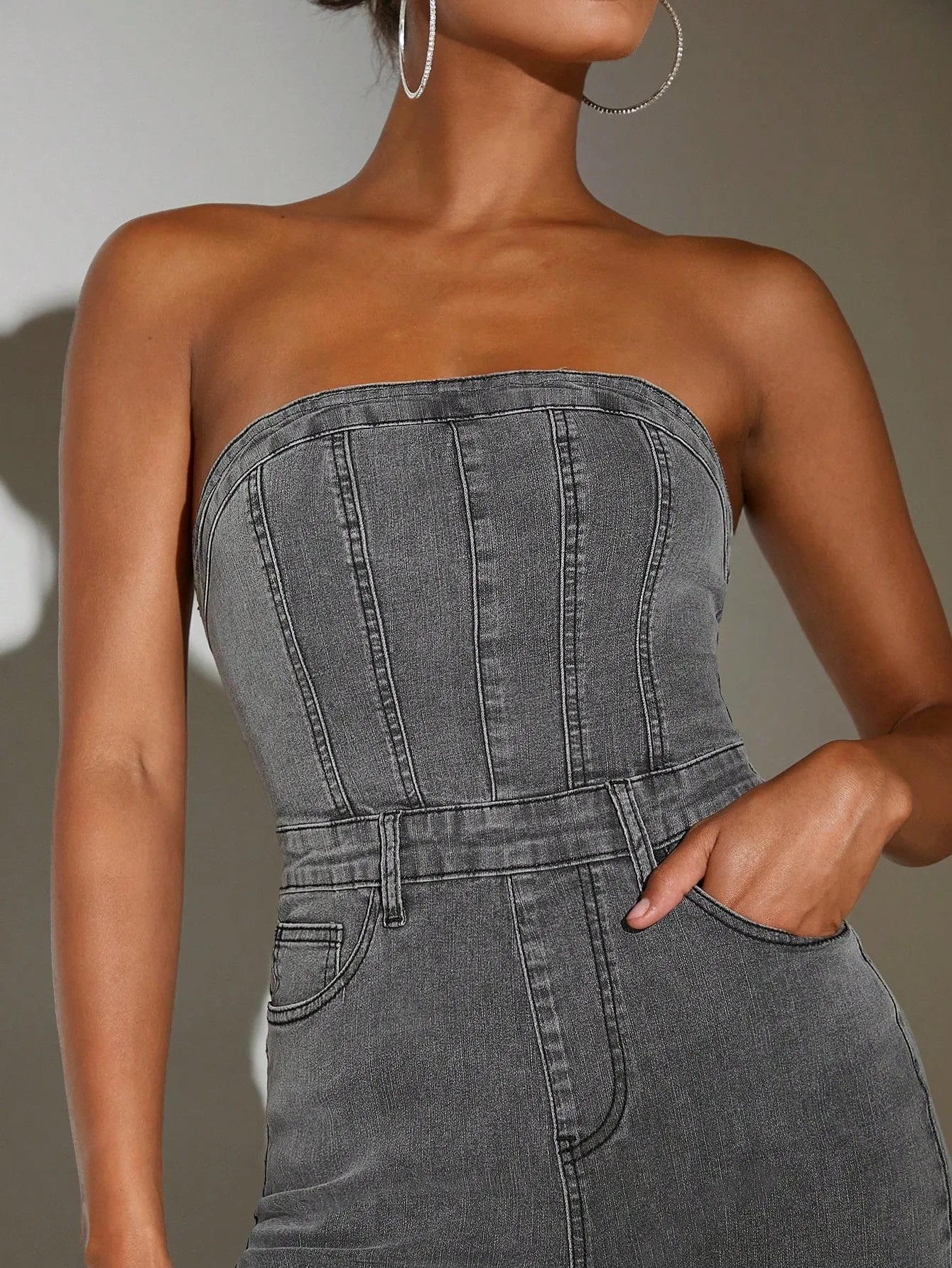 Zip Back Tube Denim Jumpsuit