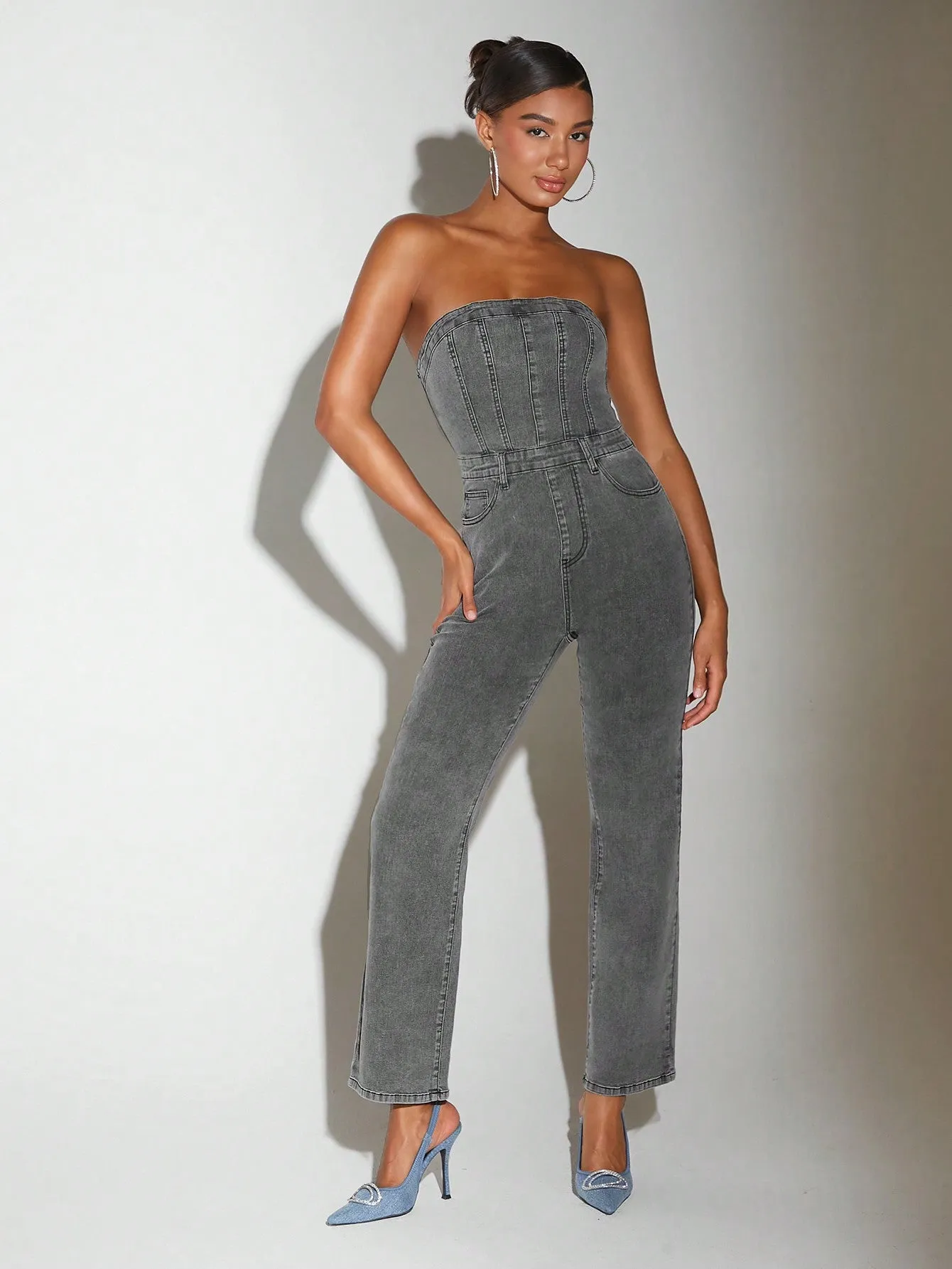 Zip Back Tube Denim Jumpsuit