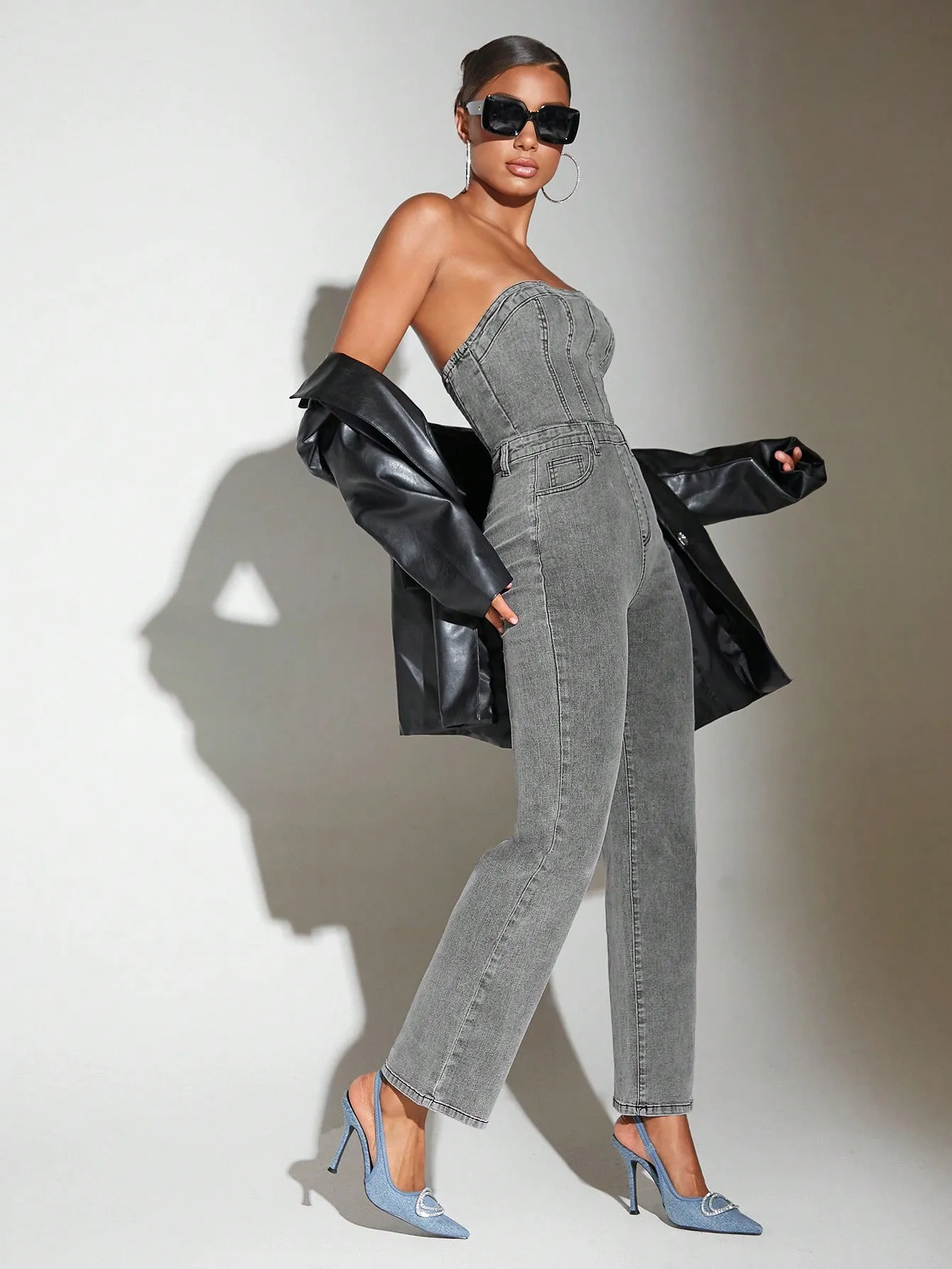 Zip Back Tube Denim Jumpsuit