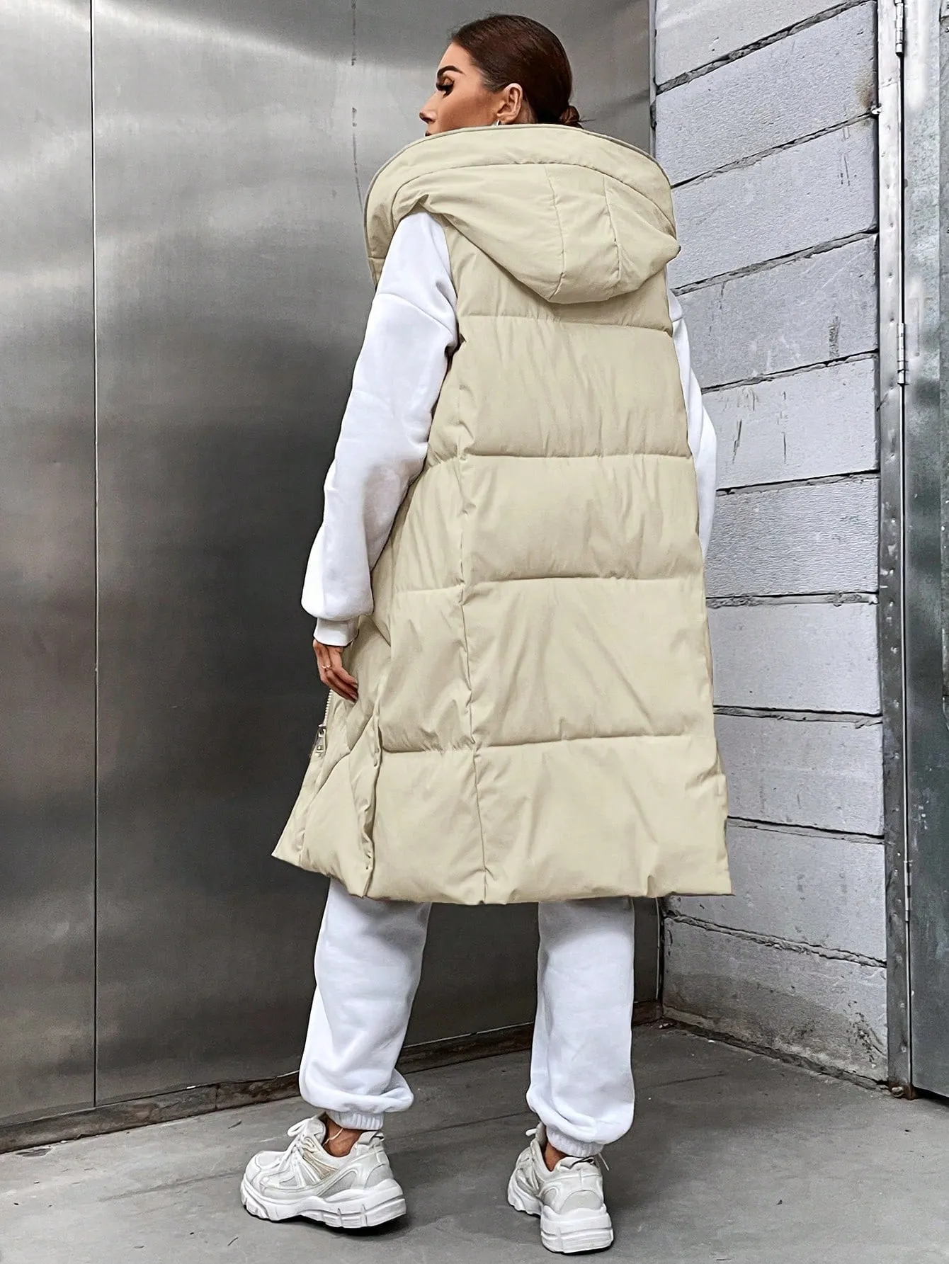 Zip Up Snap Button Hooded Puffer Vest Coat